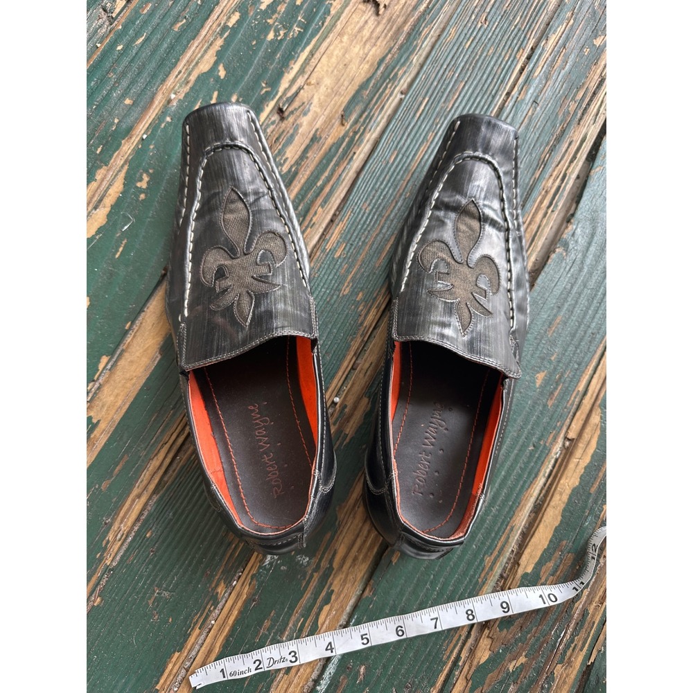 Robert Wayne Mens Fleur De Lis Loafers Black Distressed Square Toe Shoes Size 10